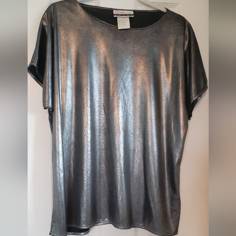 Women's 18 Diana Marco metallic futuristic black drapey short sleeve Made In US…